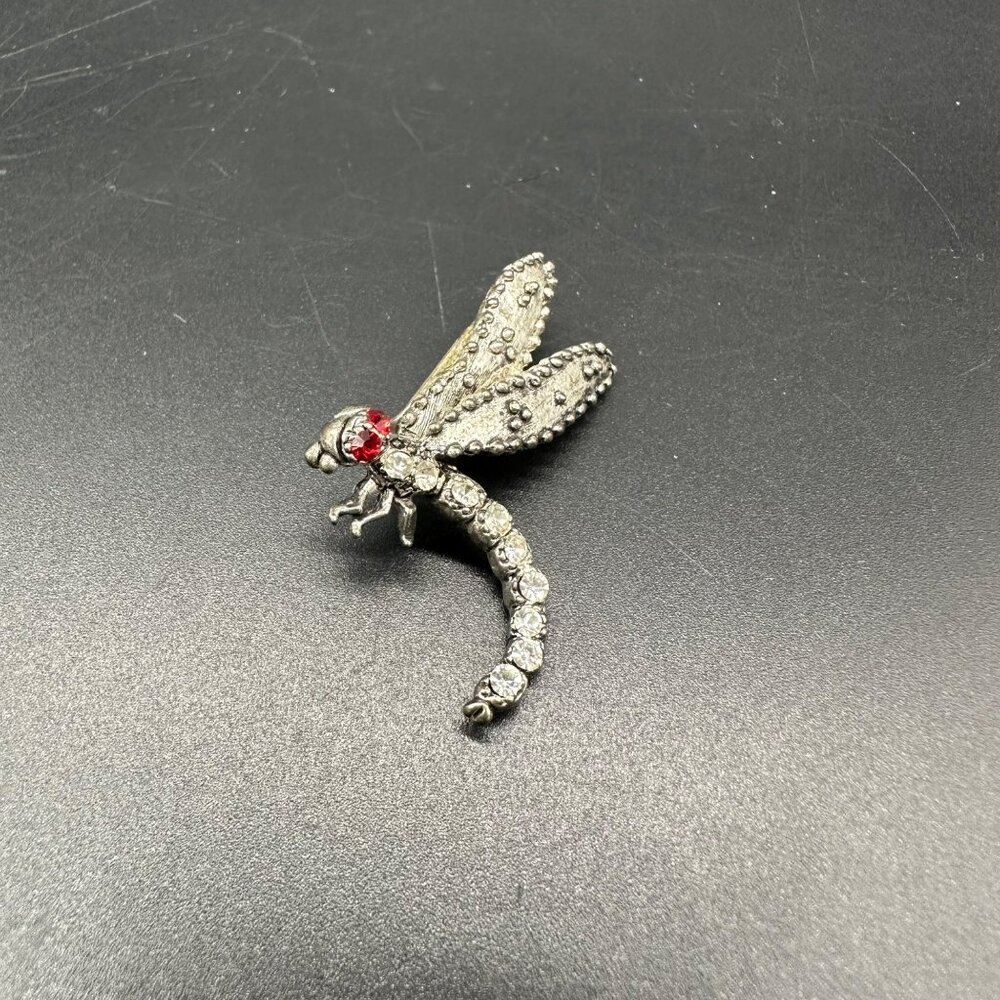 Vintage Dragonfly Rhinestone Brooch Pin Red Eyes Bug Insect Silver Toned